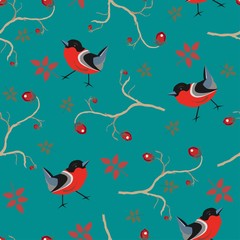 Bird Seamless Pattern. Bullfinch birds on a dark background