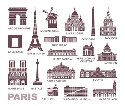 Architectural and historical sights of Paris. Set of high quality icons