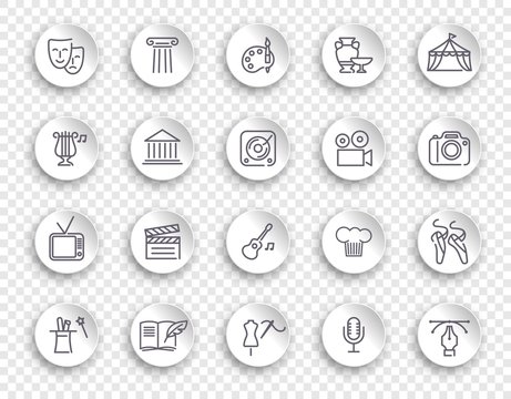 Arts and Entertainment icon set. Collection of vector icons on white stickers with transparent shadows