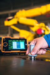 Ultrasonic test to detect imperfection or defect of steel plate in the factory, NDT Inspection.