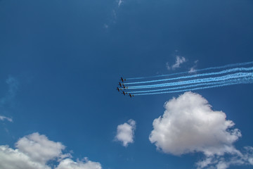 Brasilia, September 19, 2019: FAB, Brazilian Air Force, Smoke Squadron, in the sky of the Brazilian capital, a stunt show commemorating Brazil's Independence Day - September 7