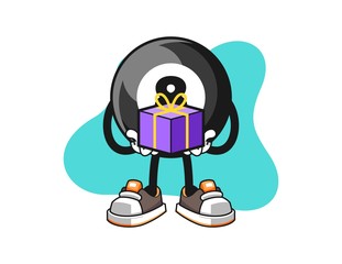 Billiard ball number 8 give a gift cartoon. Mascot Character vector.