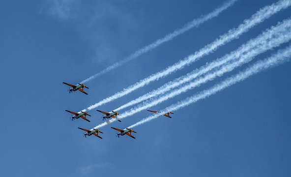Brasilia, September 19, 2019: FAB, Brazilian Air Force, Smoke Squadron, in the sky of the Brazilian capital, a stunt show commemorating Brazil's Independence Day - September 7