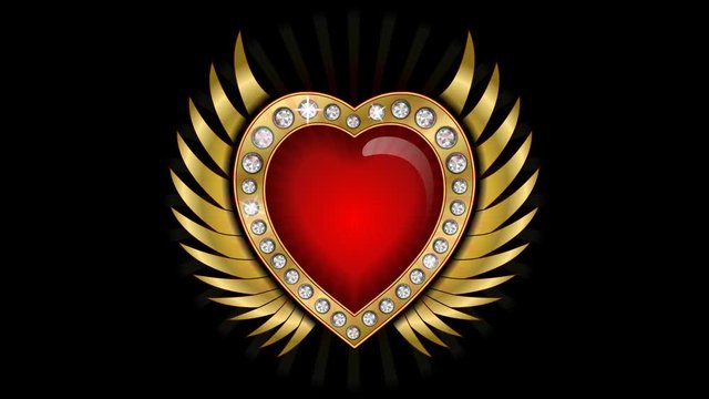 Animated Red Heart with gold wings and sparkly diamonds in a seamless animated loop on a black background.