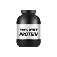  Black plastic jar template isolated on white background. Protein packing mock up. Vector sports nutrition and supplements.