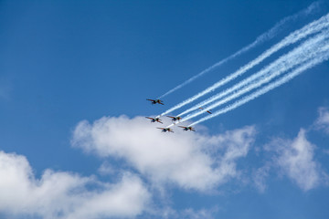 Brasilia, September 19, 2019: FAB, Brazilian Air Force, Smoke Squadron, in the sky of the Brazilian capital, a stunt show commemorating Brazil's Independence Day - September 7