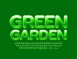 Vector glossy Emblem Green Garden. Bright Stylish Font. Original Alphabet Letters and Numbers.