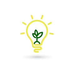 Yellow Light Bulb line icon vector with green plant inside, isolated on white background. Idea sign, solution, thinking, growing concept. Lighting Electric lamp.