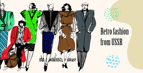 Vector doodle hand drawn retro fashion USSR with girls on a light background