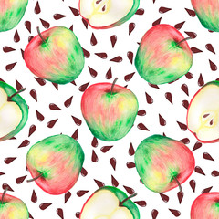 Red and green apples seamless watercolor pattern. Illustration with apples on a white background. Vegetarian background Colorful abstract design. Geometric abstract pattern.