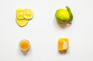 Minimalistic set of ingredients for making homemade organic natural cosmetics. Top view, flat
