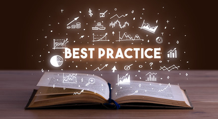 BEST PRACTICE inscription coming out from an open book, business concept