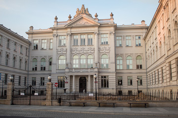 Piotrkow-trybunalski, Poland. Panorama of the district court building. The building is a baroque palace of white stone.