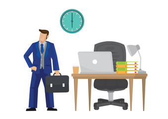 Well organized businessman finishing his day working, leaving the office on time. Vector illustration.