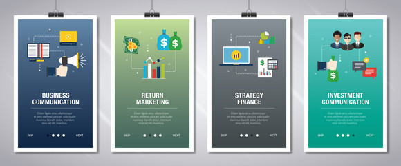 Internet banner set of business, communication and finance icons.