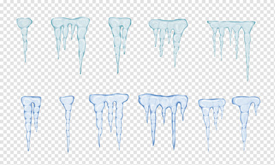 Set of translucent light blue icicles - obrazy, fototapety, plakaty