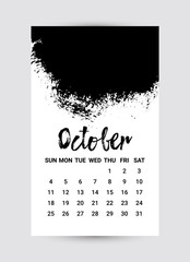 Vector Freehand Calendar 2020. October month. Creative Black and White design template with messy ink grunge texture. Week starts Sunday. Monochrome minimal style