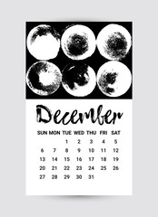 Vector Freehand Calendar 2020. January month. Creative Black and White design template with messy ink grunge texture. Week starts Sunday. Monochrome minimal style