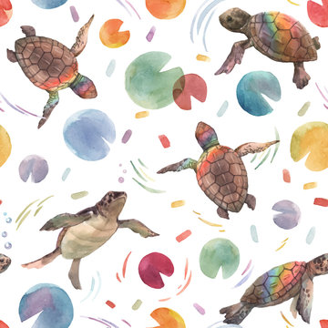 Watercolor vector rainbow small baby turtles colourful seamless pattern