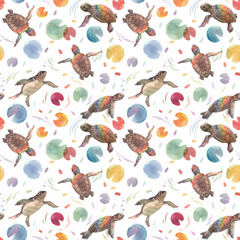Watercolor vector rainbow small baby turtles colourful seamless pattern