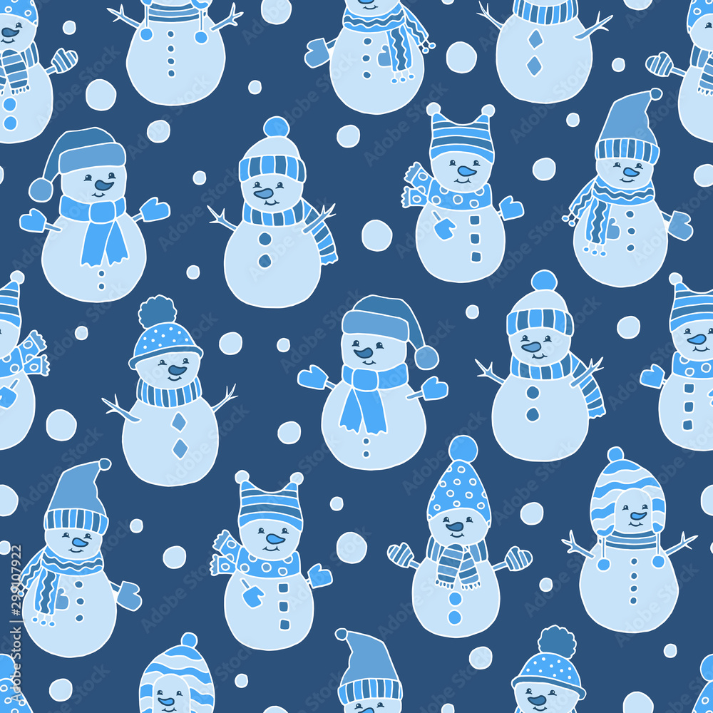 Wall mural seamless pattern with snowmen on dark blue background