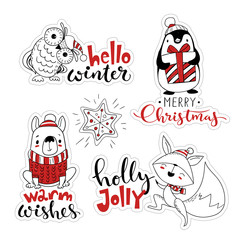 Line style vector Christmas sticker set. Cute labels with cartoon Christmas characters.
