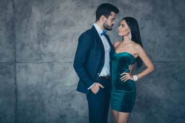 Photo of two vogue people standing close looking tenderness eyes naughty dreams homey after party wear luxury shiny formalwear suit dress indoors