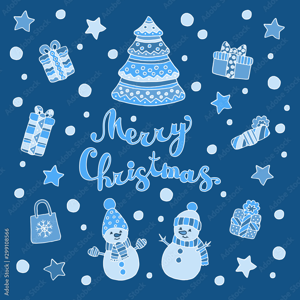 Wall mural greeting card with christmas tree, snowmen and gifts