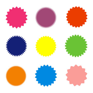 Different starburst, sunburst badges, shapes in 9 color. Vector illustration. Isolated on white background