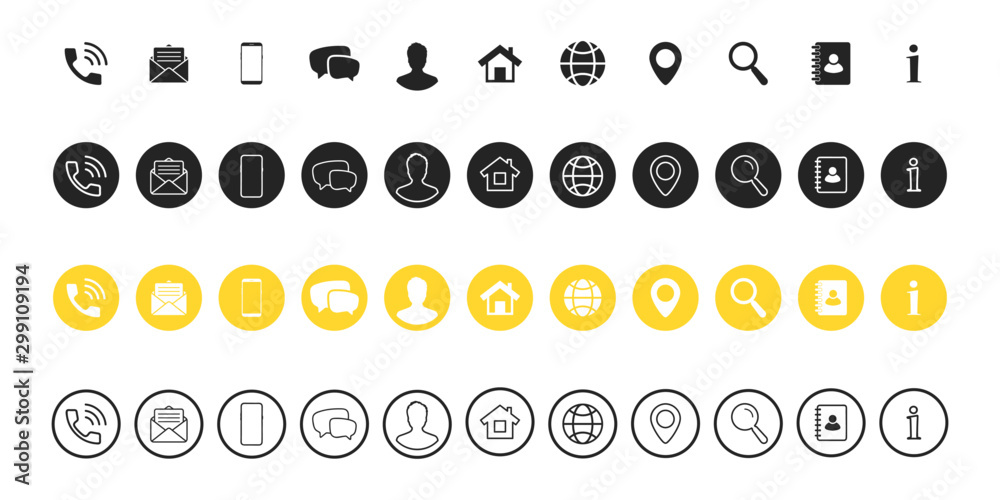 Leinwandbilder Popular Contact information icons set - Contact us. Web icon. Business card contact information icons. Vector symbols set for web and mobile app. Contact us icons set of differents styles