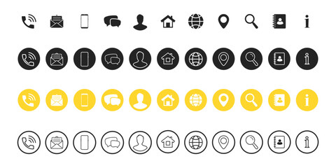Popular Contact information icons set - Contact us. Web icon. Business card contact information icons. Vector symbols set for web and mobile app. Contact us icons set of differents styles - obrazy, fototapety, plakaty