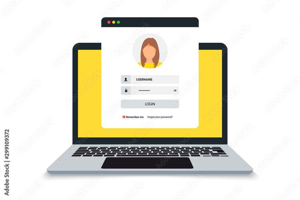 Poster Laptop with login and password form page on screen, registration page. Sign in page, user authorization. Login authentication concept on laptop screen. Notebook and online login form. User profile