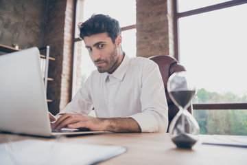 Profile side photo of middle eastern collar full of fear look panic on hourglass work on computer...