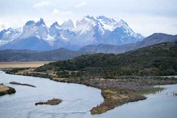 The Rio Serrano and the plains below the mountains of the Torres del Paine, Torres del Paine National Park, Chile