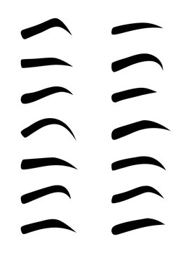 Set of Eyebrows shape. Eyebrow shapes. Various types of eyebrows. Makeup tips. Eyebrow shaping for women. Classic type and different thickness of brows.
