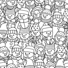 Seamless pattern with lots of funny snowmen, coloring page