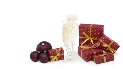 Obraz na płótnie Canvas Gift boxes, champagne and Christmas ornaments