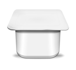 White yogurt cup pack with blank label, realistic mock-up. Yoghurt square plastic container, vector template