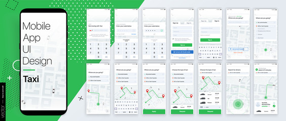 Design of the Mobile Application, UI, UX. Set of GUI Screens with Login and Password input, and screens with Taxi Orders and Car Navigation in the City - obrazy, fototapety, plakaty