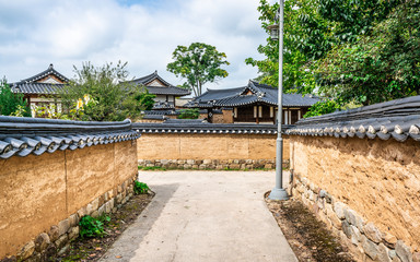 Scenic view of a laneway and traditonal houses roofs in historic Hahoe village Andong South Korea