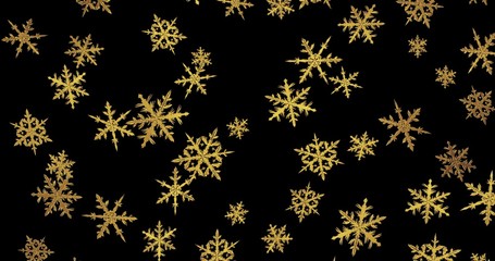 Golden snowflakes on black background. New year wallpaper. 3d render