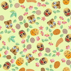 Cute seamless pattern with cartoon emoji potatoes