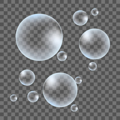 White water bubbles with reflection set on transparent background vector illustration