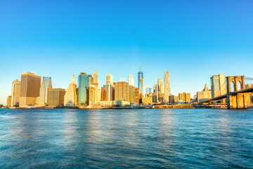 Fototapeta na wymiar New York City Lower Manhattan at Sunrise, View from Brooklyn, New York