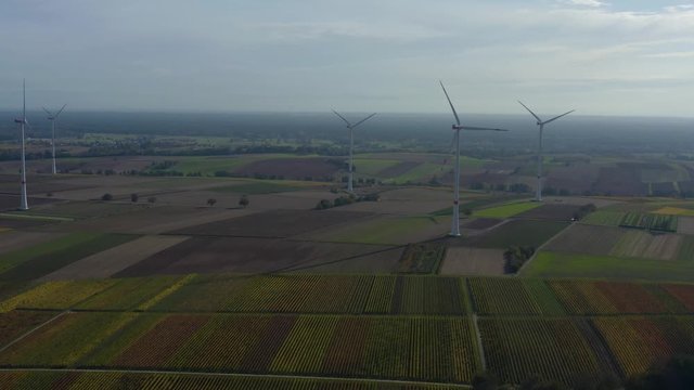 Aerial view of wind turbines beside vineyards in Germany. On a sunny day in Autumn, fall. Pan to the right around the turbines.