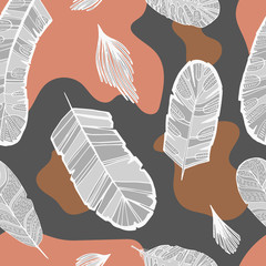 Retro color vector seamless pattern with feathers bird. hand-drawn doodle illustration. Graphic boho style background. Wallpaper, cloth design, fabric, tissue, cover, textile template.