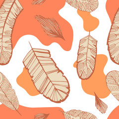 Retro color vector seamless pattern with feathers bird. hand-drawn doodle illustration. Graphic boho style background. Wallpaper, cloth design, fabric, tissue, cover, textile template.