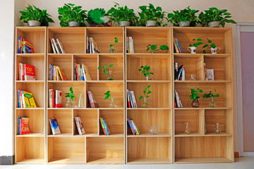 Bookshelves and green plants