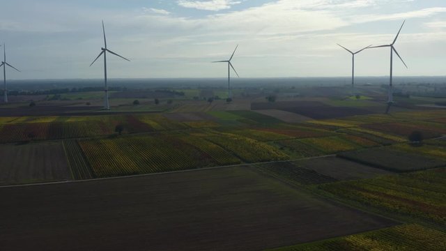 Aerial view of wind turbines beside vineyards in Germany. On a sunny day in Autumn, fall. Ascending beside the turbines.