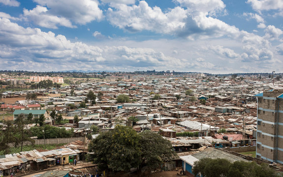Low aerial view of the Kibera slum of Nairobi Kenya.